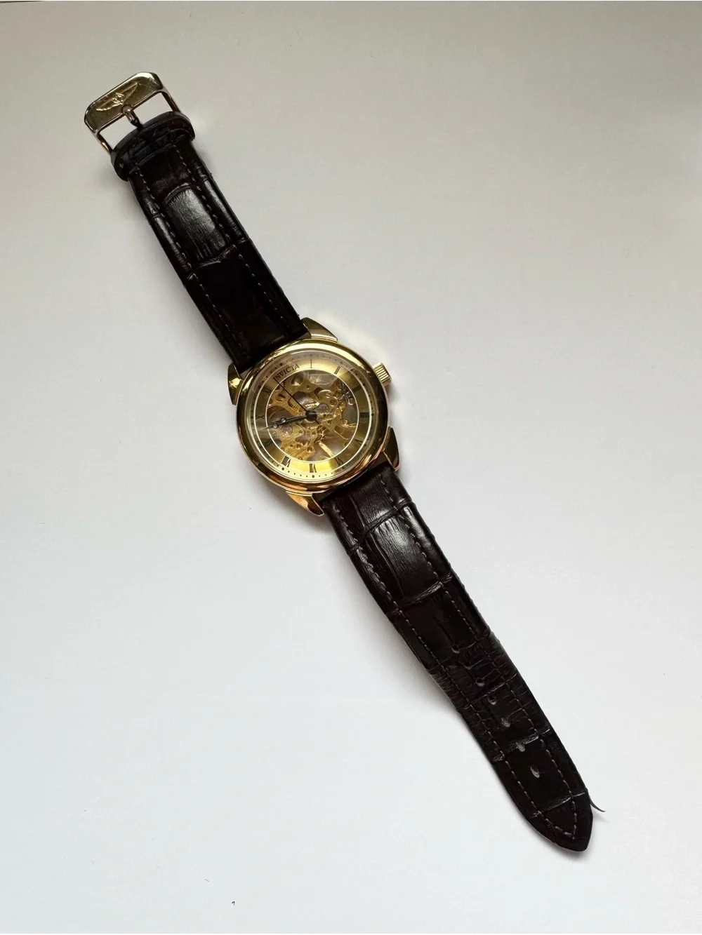Invicta Gold-Tone Skeleton Watch with Brown Leather Strap